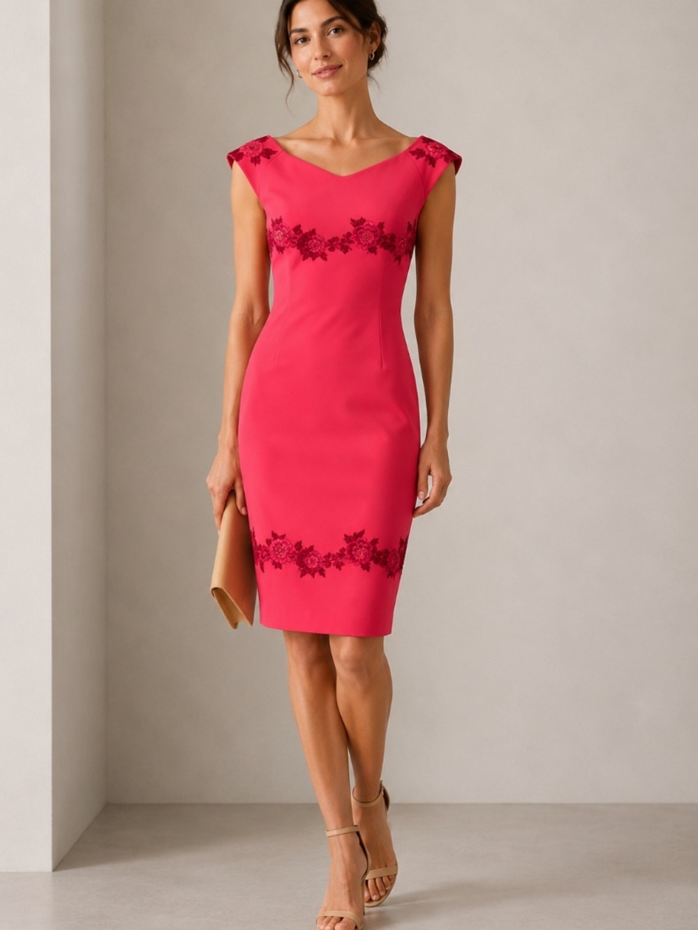 Chiara Boni La Petite Robe Coral Pink Sheath Dress Floral Embroidered